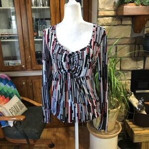 WORTHINGTON SIZE MEDIUM BLACK TED AND WHITE ABSTRACT POLKA DOT PEPLUM BLOUSE EUC